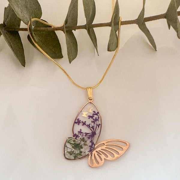 Butterfly Garden Necklace - Handmade Botanical Resin Butterlfy Pendant