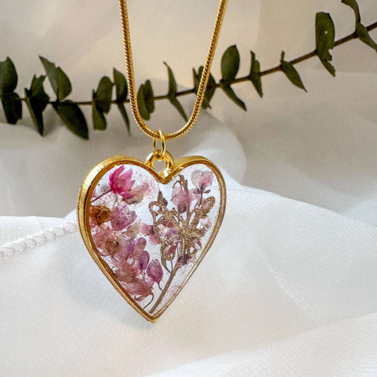 Whispering Hearts  – Handmade Botanical Resin Butterfly Necklace