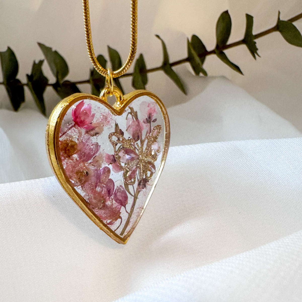 Whispering Hearts  – Handmade Botanical Resin Butterfly Necklace