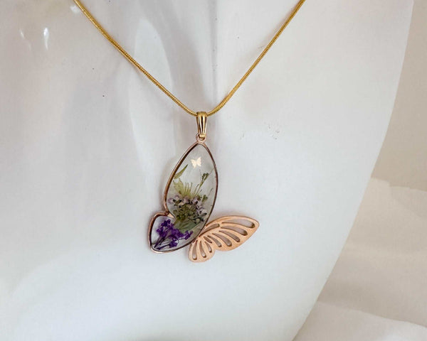 Butterfly Garden Necklace - Handmade Botanical Resin Butterlfy Pendant