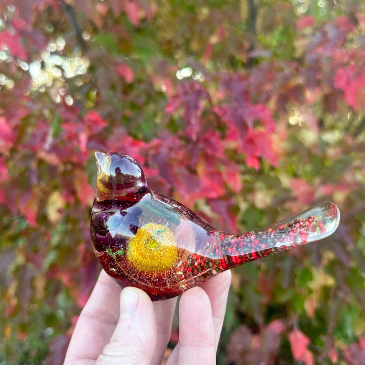 Strawflower & Berry Resin Birds - Autumn Nature Decor with Real Flowers