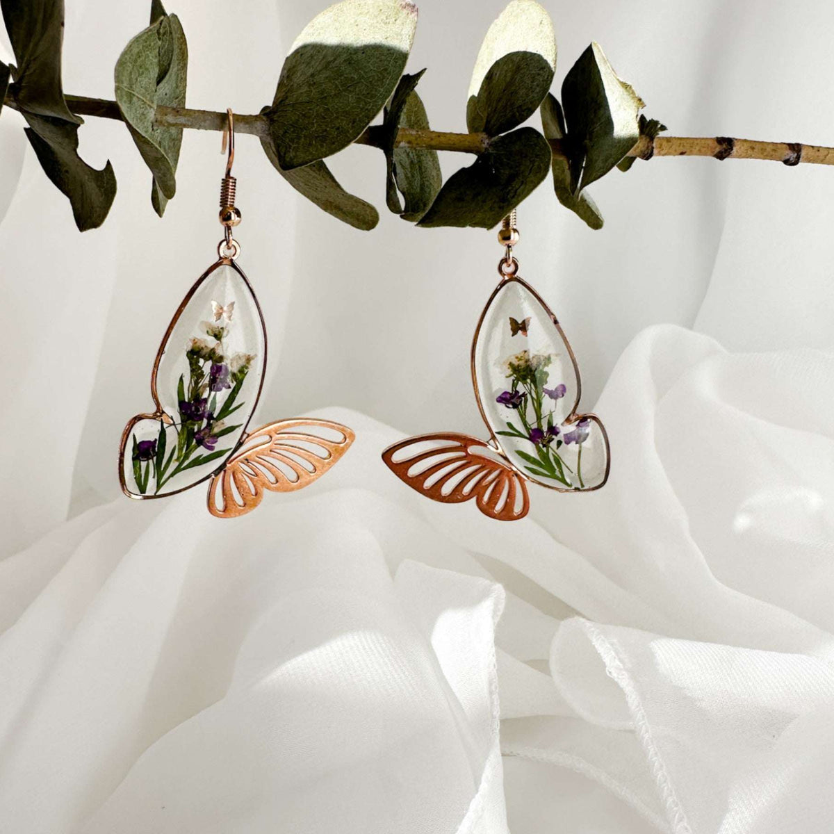 Fluttering Garden Bloom Earrings - Butterfly Wings with Pressed Flower