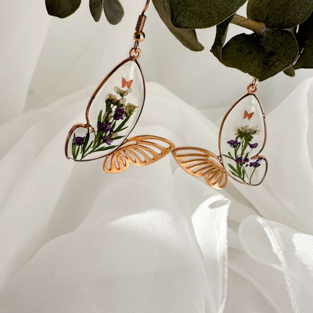 Fluttering Garden Bloom Earrings - Butterfly Wings with Pressed Flower