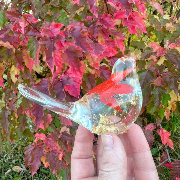 Maple Leaf Songbird - Handmade Resin Bird Maple Leaf & Gold Accents