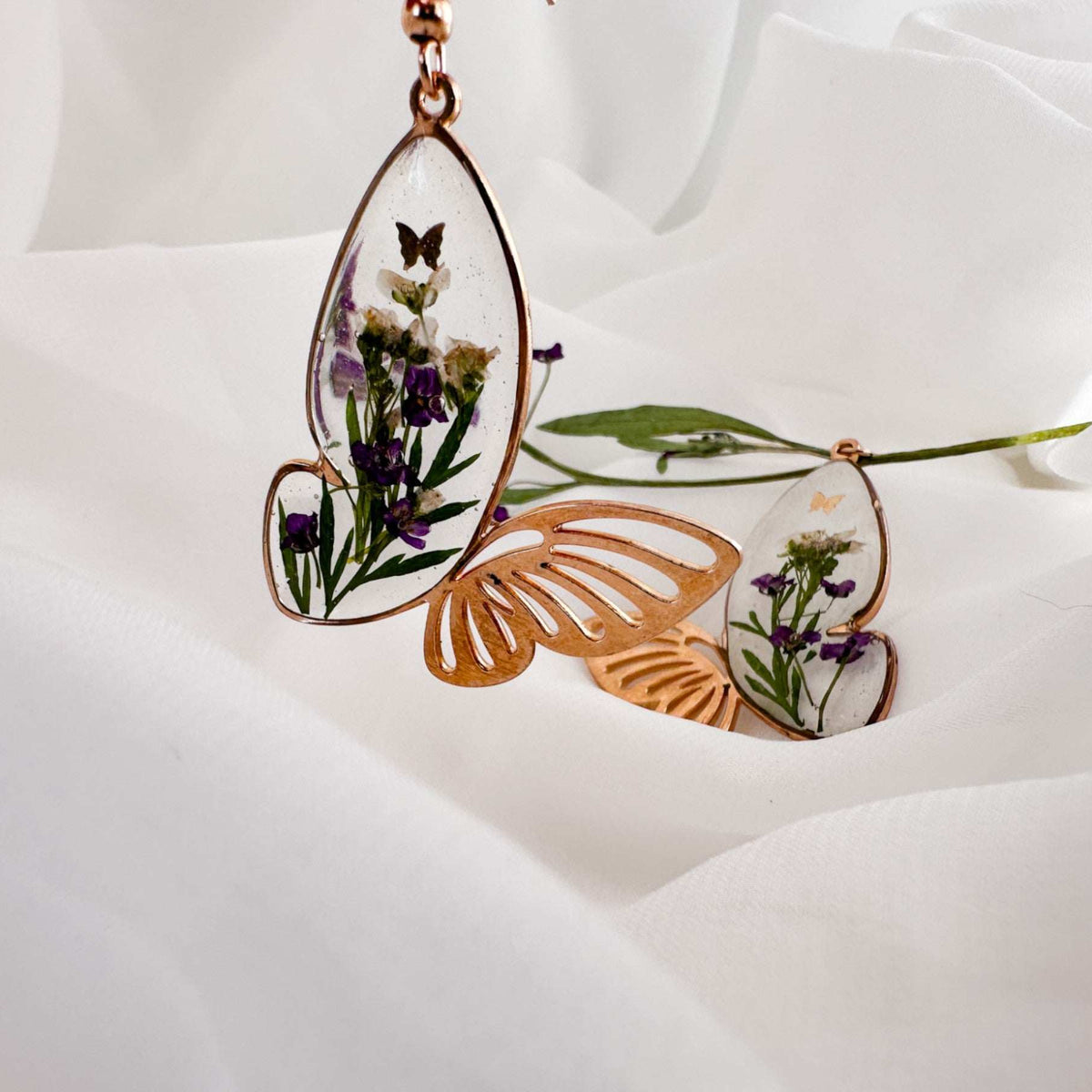 Fluttering Garden Bloom Earrings - Butterfly Wings with Pressed Flower