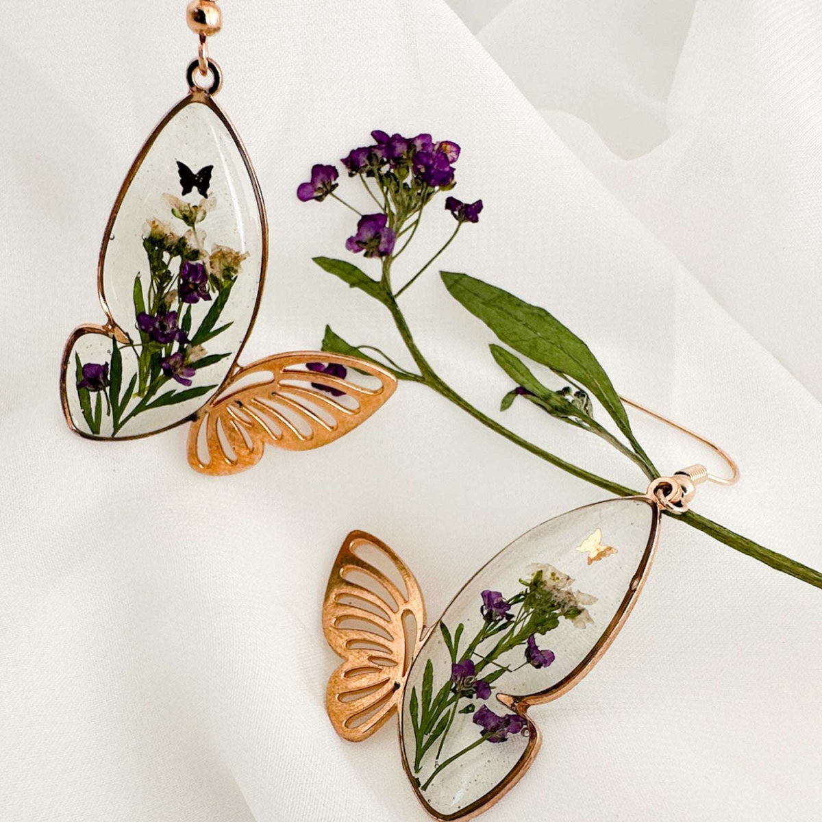 Fluttering Garden Bloom Earrings - Butterfly Wings with Pressed Flower