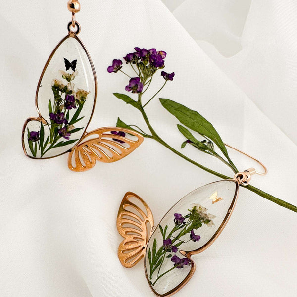 Fluttering Garden Bloom Earrings - Butterfly Wings with Pressed Flower