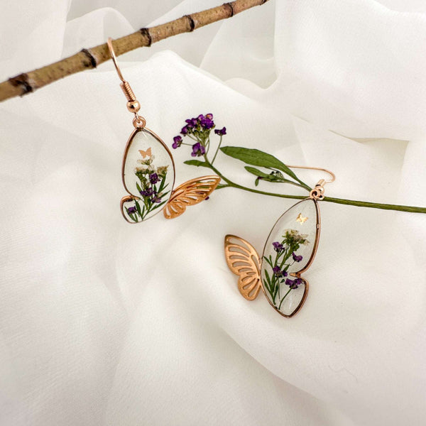 Fluttering Garden Bloom Earrings - Butterfly Wings with Pressed Flower