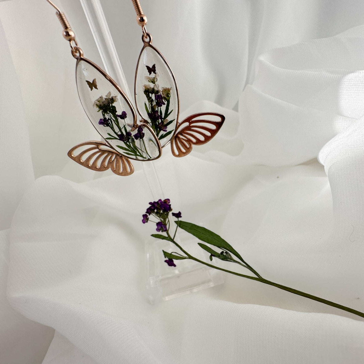 Fluttering Garden Bloom Earrings - Butterfly Wings with Pressed Flower