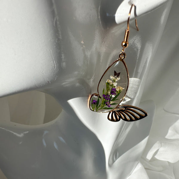 Fluttering Garden Bloom Earrings - Butterfly Wings with Pressed Flower