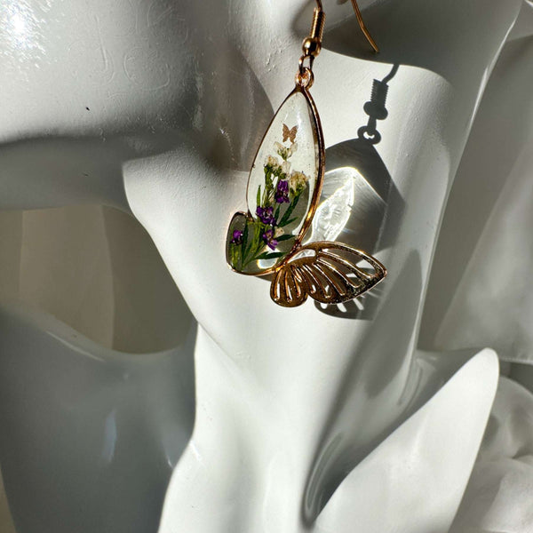 Fluttering Garden Bloom Earrings - Butterfly Wings with Pressed Flower