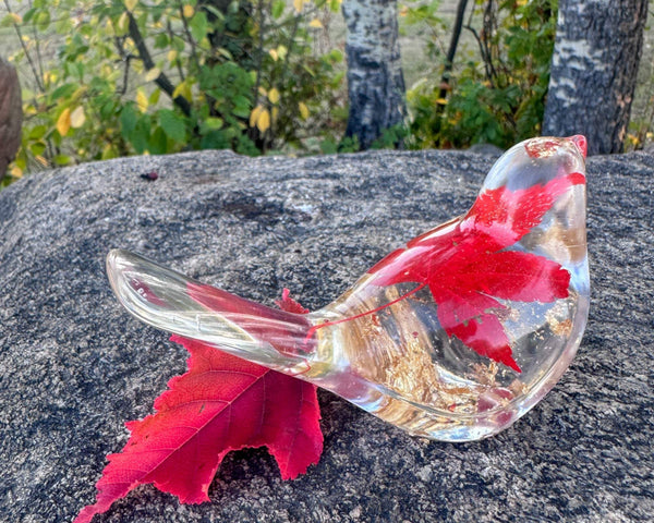 Maple Leaf Songbird - Handmade Resin Bird Maple Leaf & Gold Accents