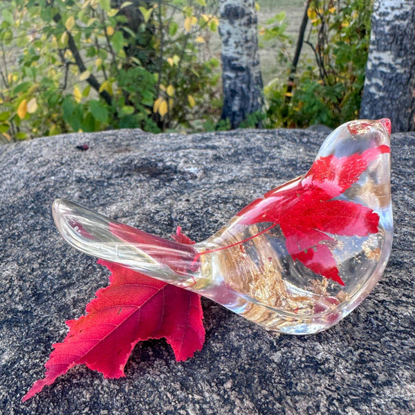 Maple Leaf Songbird - Handmade Resin Bird Maple Leaf & Gold Accents