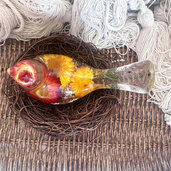 Botanical Birds - Handmade Resin Harvest Songbirds with Strawflowers