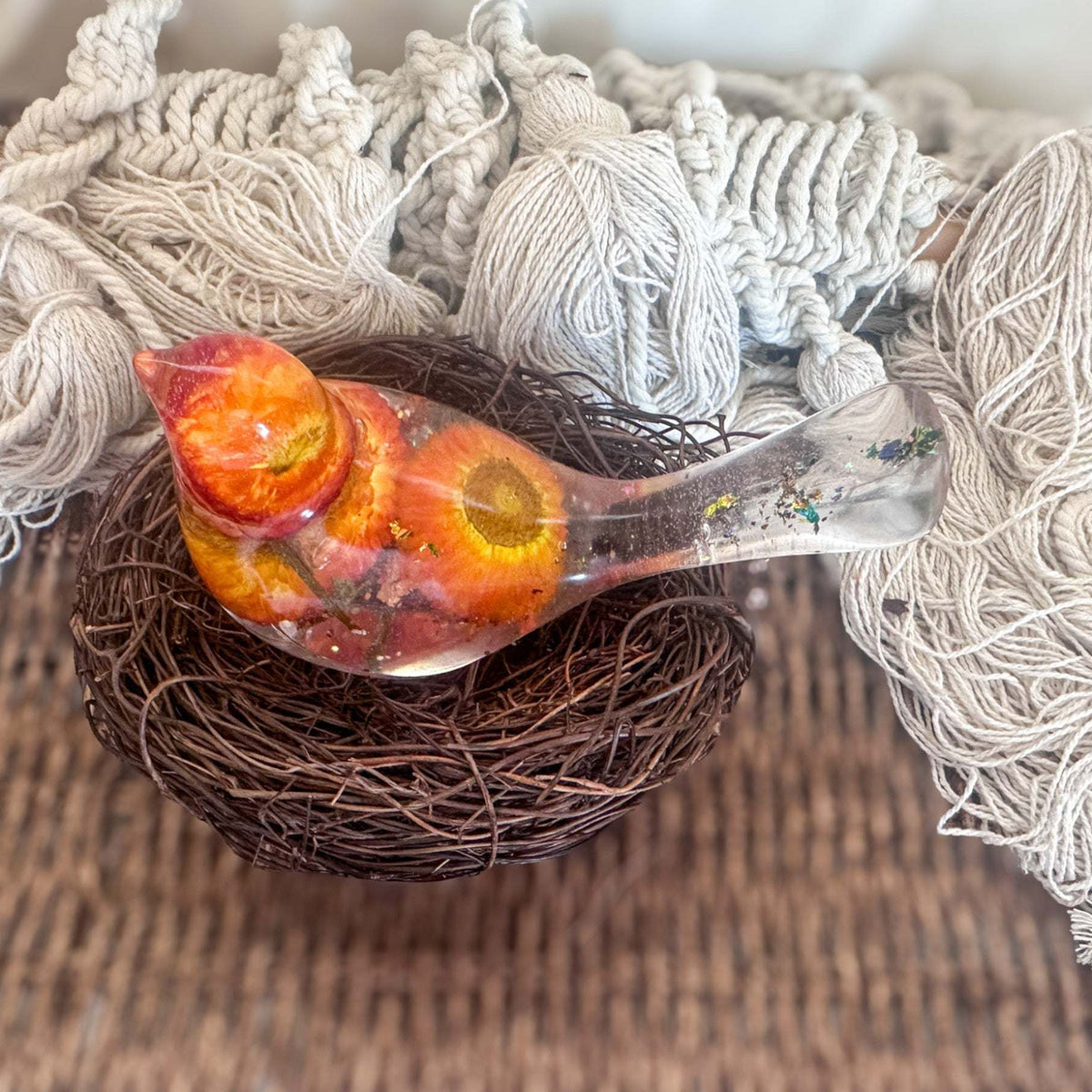 Botanical Birds - Handmade Resin Harvest Songbirds with Strawflowers