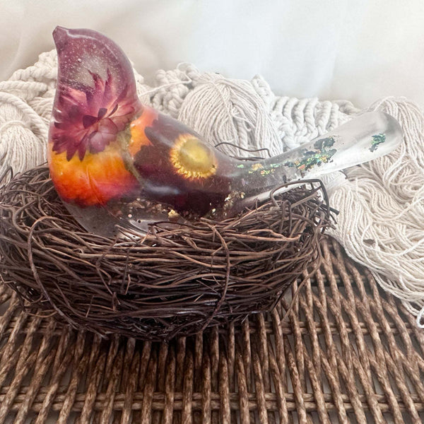 Botanical Birds - Handmade Resin Harvest Songbirds with Strawflowers