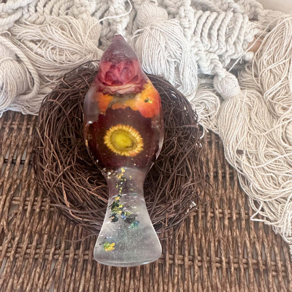 Botanical Birds - Handmade Resin Harvest Songbirds with Strawflowers