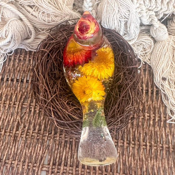 Botanical Birds - Handmade Resin Harvest Songbirds with Strawflowers