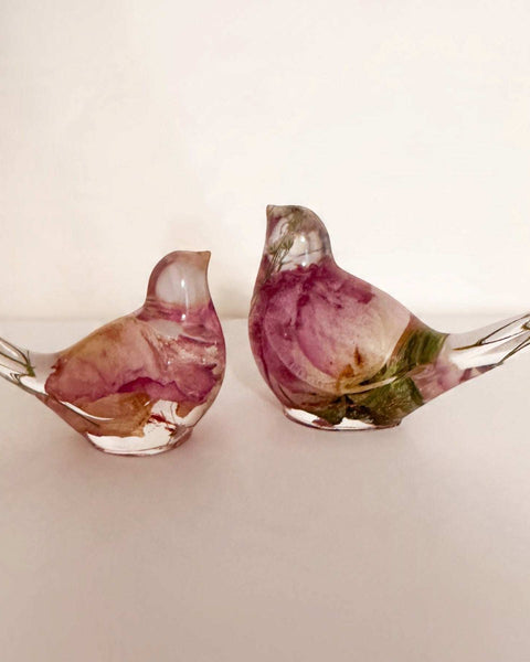 Memorial resin bird, a handmade keepsake holding real dried flowers in clear resin