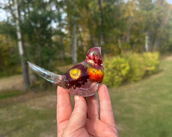 Botanical Birds - Handmade Resin Harvest Songbirds with Strawflowers