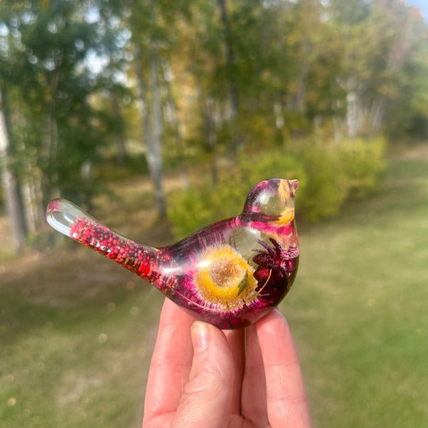 Strawflower & Berry Resin Birds - Autumn Nature Decor with Real Flowers