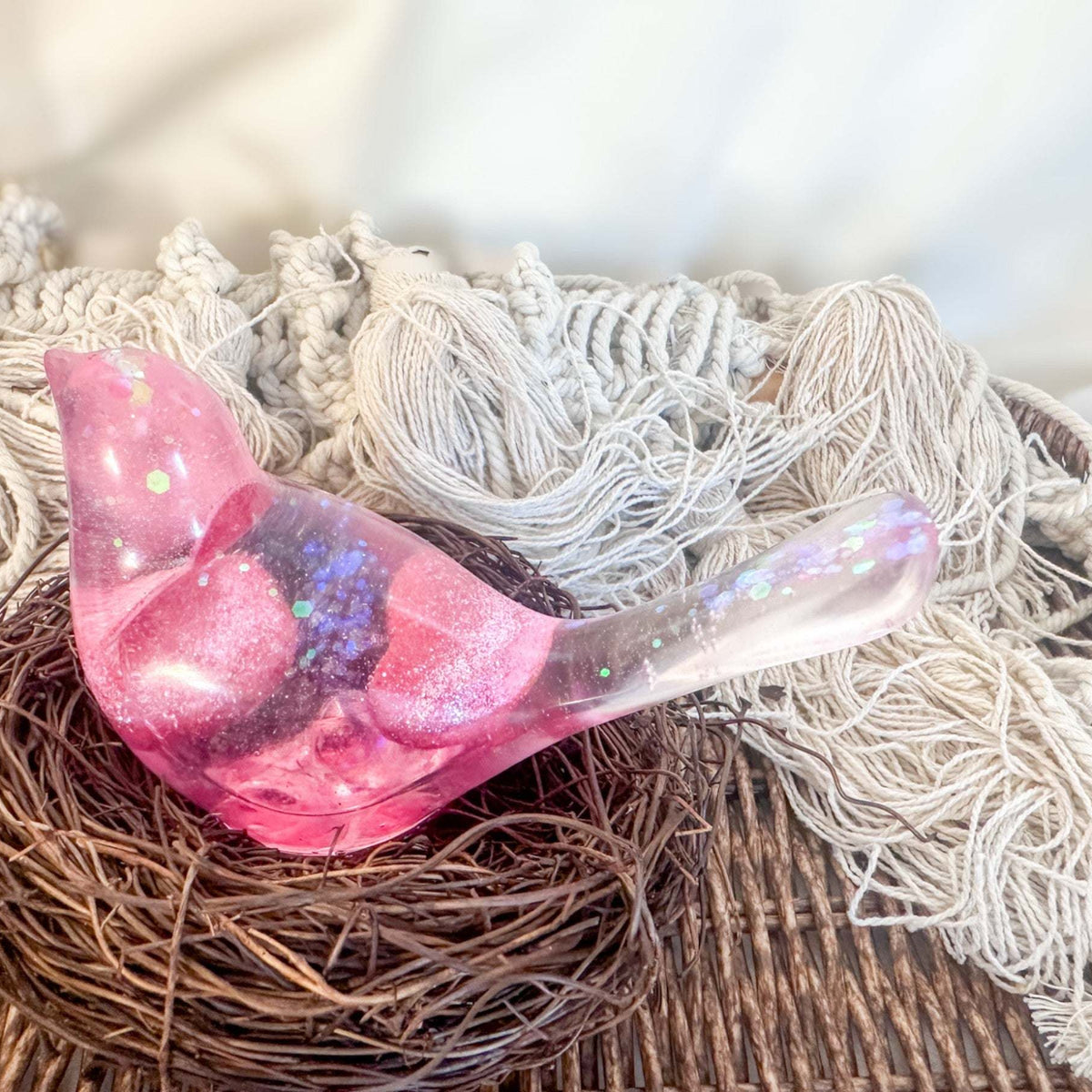 Lovebird Sparkle Figurines - Pink Heart Resin Bird - Handmade Charm