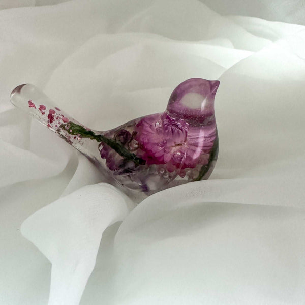 Straw Flower Enchanted Bloom Resin Bird Handmade Amethyst Gemstones