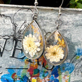 White Petal Dew Drop Floral Earring Set - Handmade with Pressed Flower