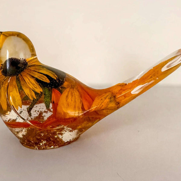 Golden Meadow Bloom Resin Bird - Handmade Botanical Home Decor
