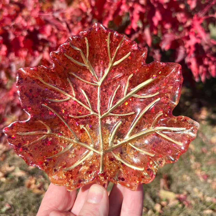 Handmade Maple Leaf Tray with Red and Gold Accents - Unique Tray
