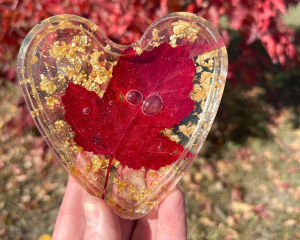 Maple Leaf Heart Tray - Handmade Resin Heart Tray with Maple Leaf