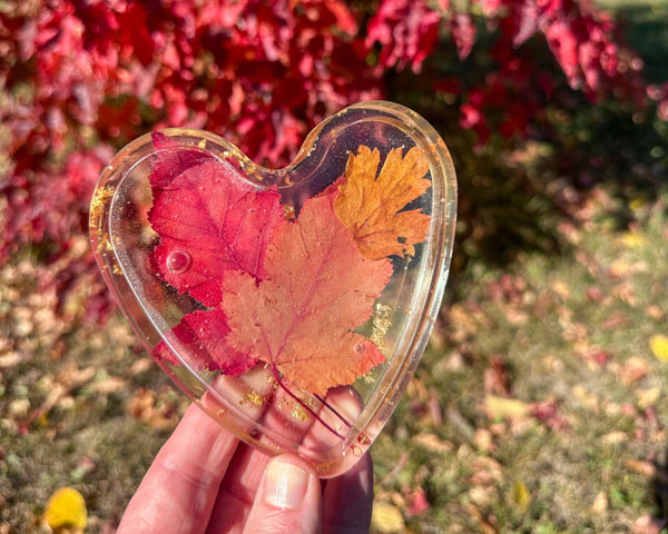 Maple Leaf Heart Tray - Handmade Resin Heart Tray with Maple Leaf