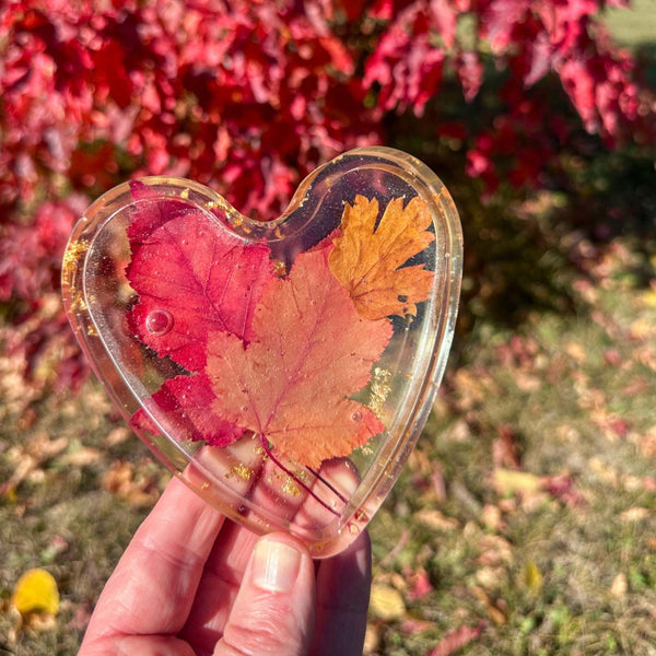 Maple Leaf Heart Tray - Handmade Resin Heart Tray with Maple Leaf