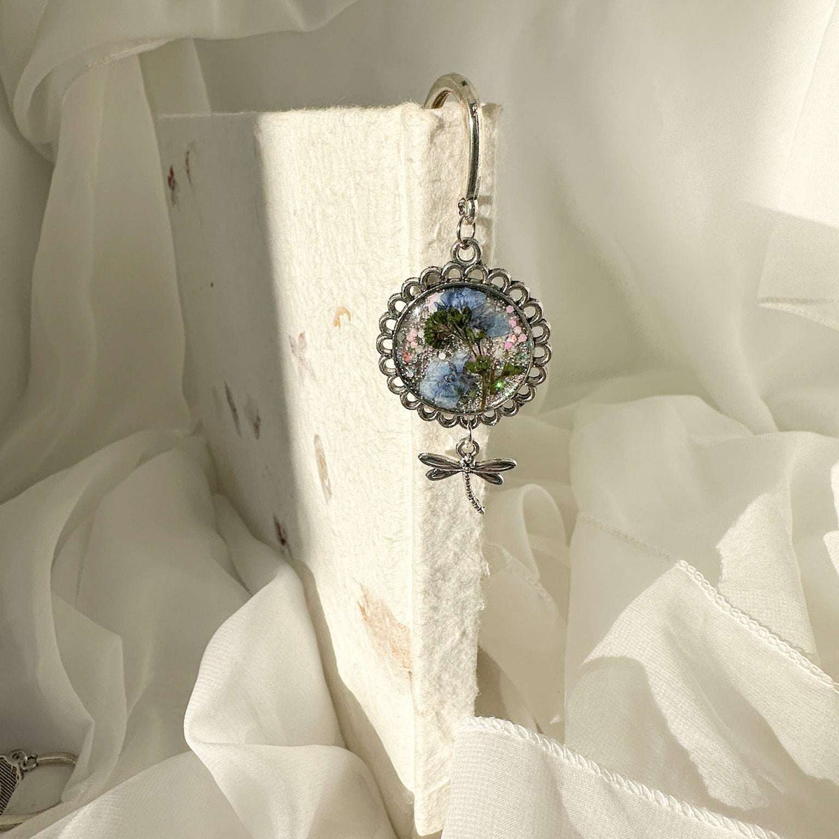 Forget-Me-Not Silver Bookmarks Handmade with Real Flowers & Charms