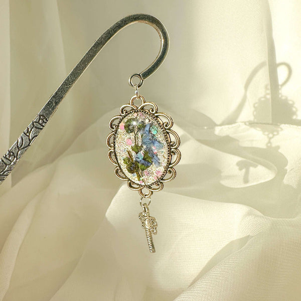 Forget-Me-Not Silver Bookmarks Handmade with Real Flowers & Charms