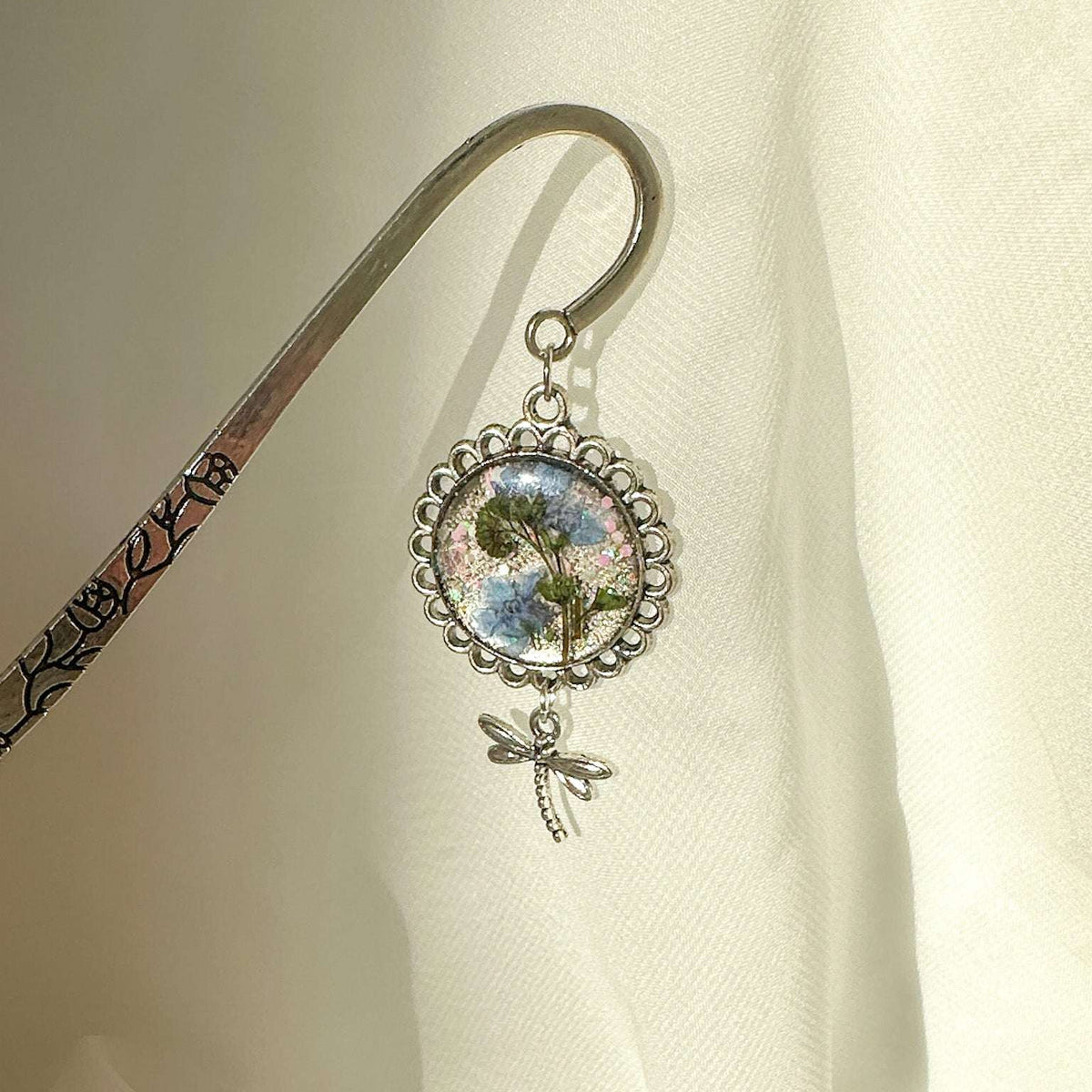 Forget-Me-Not Silver Bookmarks Handmade with Real Flowers & Charms