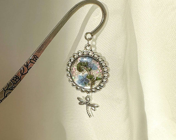 Forget-Me-Not Silver Bookmarks Handmade with Real Flowers & Charms