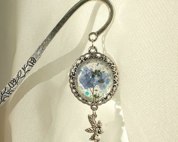Forget-Me-Not Silver Bookmarks Handmade with Real Flowers & Charms
