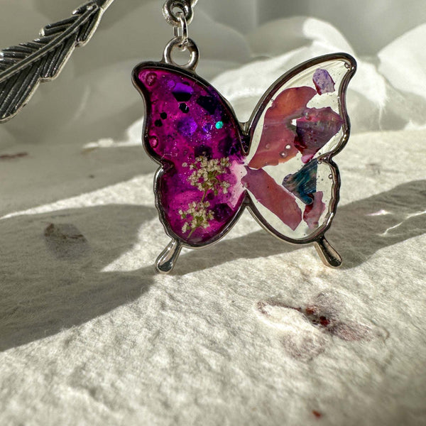 Butterfly Keychains - Handmade with Floral Accents & Feather Hook