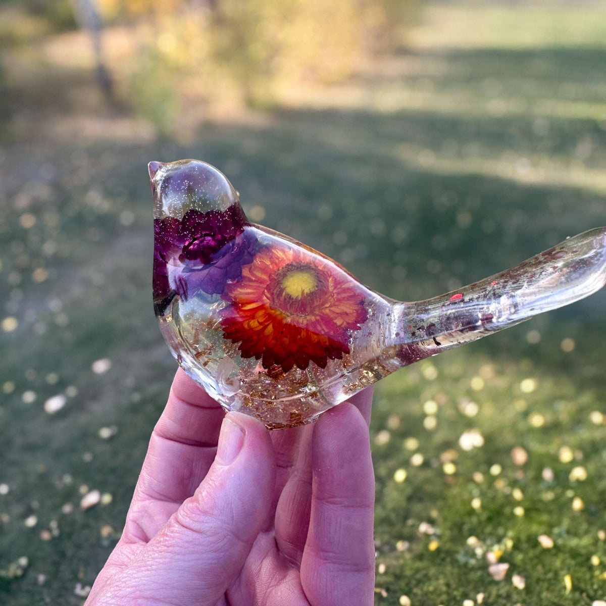 Harvest Songbirds - Handmade Resin Birds with Strawflowers & Glitter