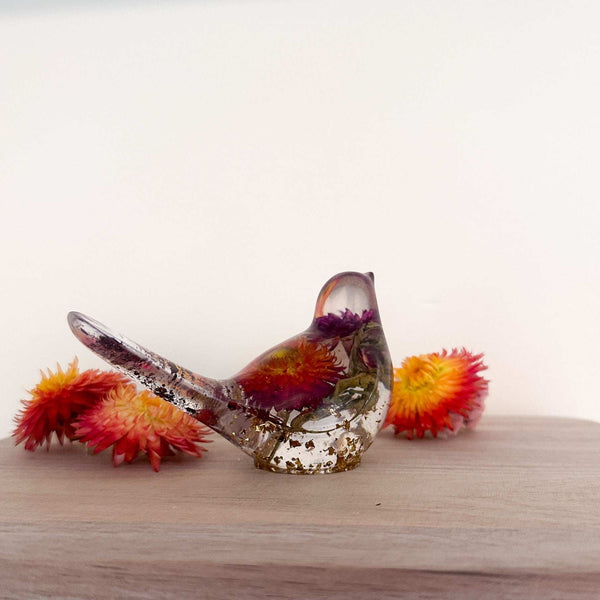 Harvest Songbirds - Handmade Resin Birds with Strawflowers & Glitter