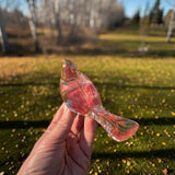 Maple leaf bird and tray set in clear glossy resin, with red dried maple leaves and gold flecks; bird-shaped ornament visible.