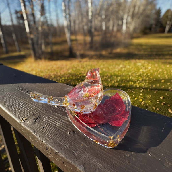 Maple leaf bird and tray set in clear resin, with red maple leaves, gold flecks, and a heart-shaped tray