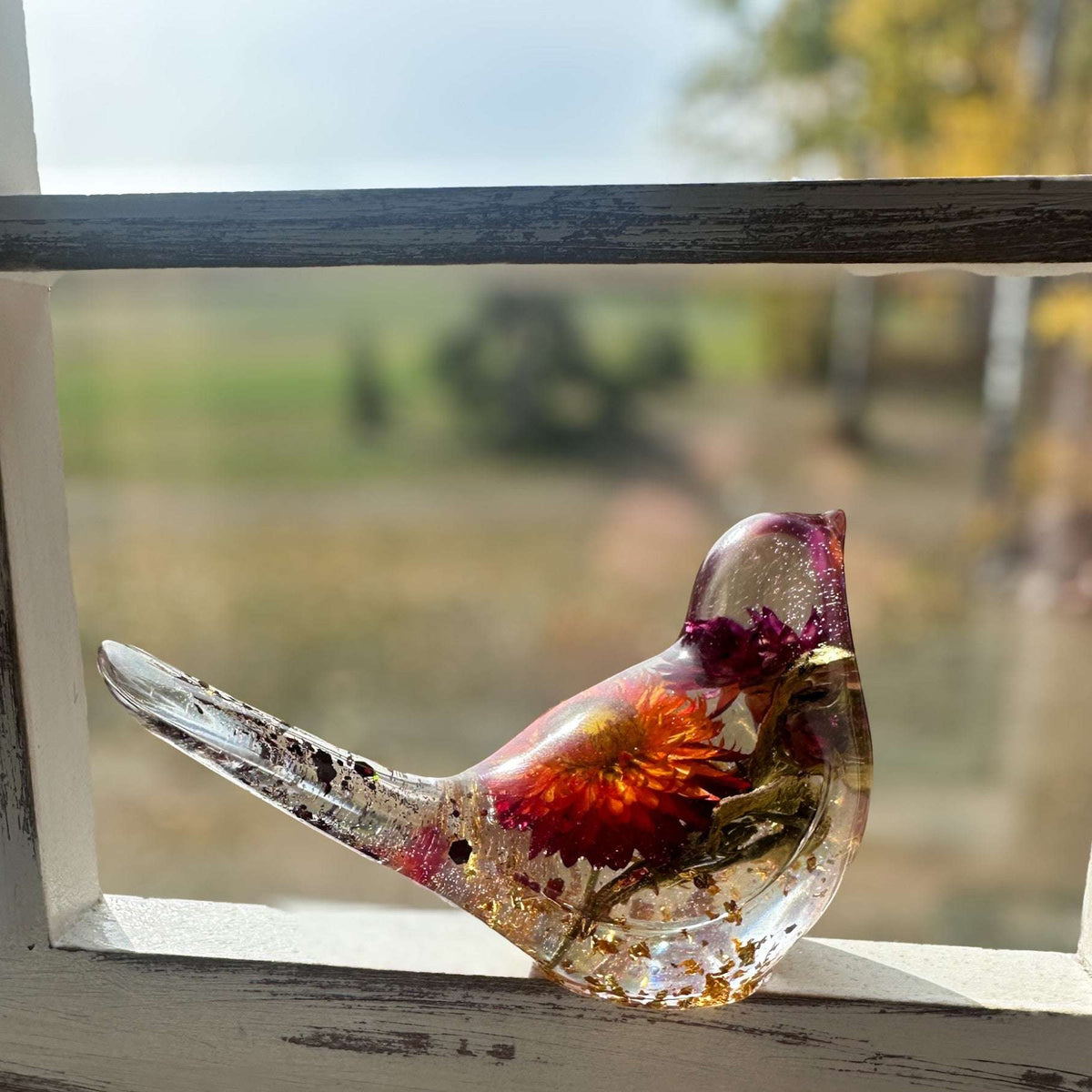 Harvest Songbirds - Handmade Resin Birds with Strawflowers & Glitter