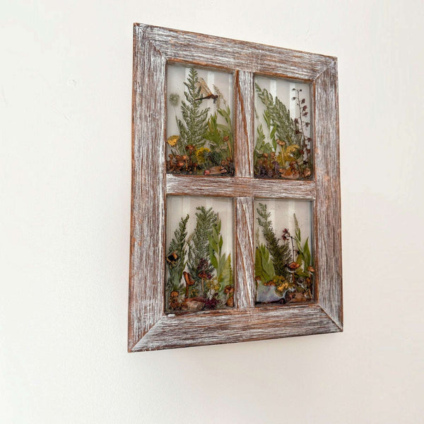 Side view of boreal forest window art showing the depth of the resin panes