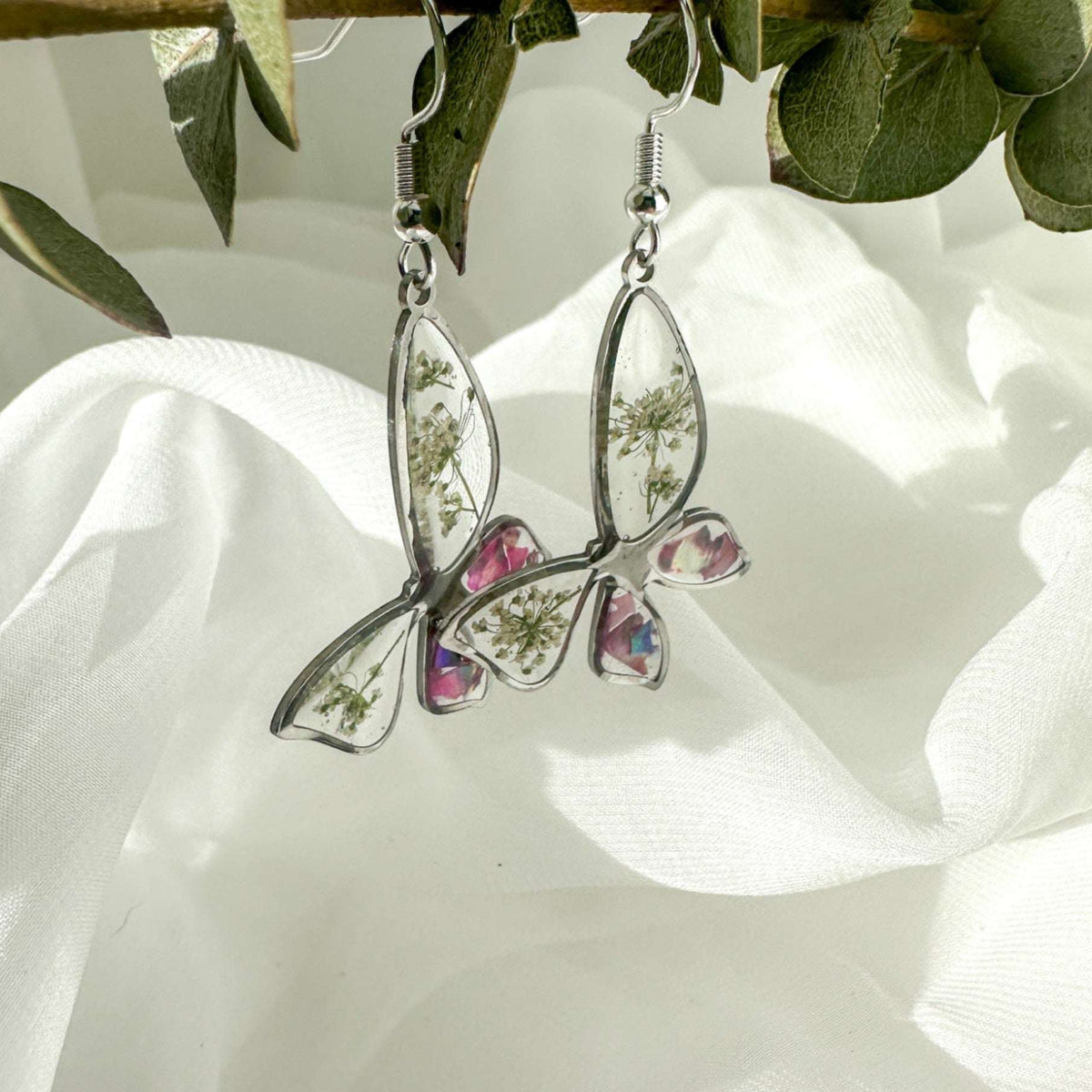 Butterfly  Whispers - Handmade Botanical Resin Earring Mother of Pearl