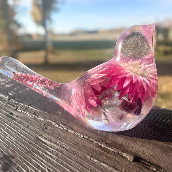 Strawflower Enchanted Bloom Fluorite Gemstone Handmade Resin Bird