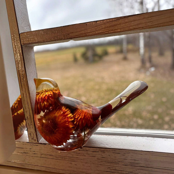Copper Ember Strawflower Duo | Copper Strawflower Resin Bird Pair