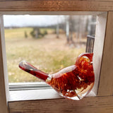 Resin Bird Pair featuring a transparent amber-red bird with embedded dried flowers and botanicals in its body and tail.