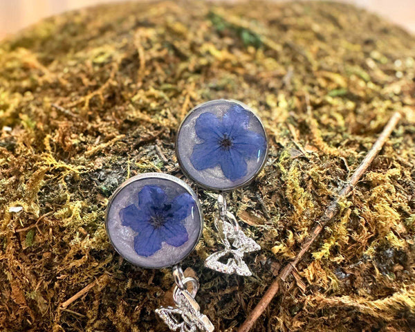 Forget-Me-Not Butterfly Resin Stud Earrings–Handmade with Real Flowers